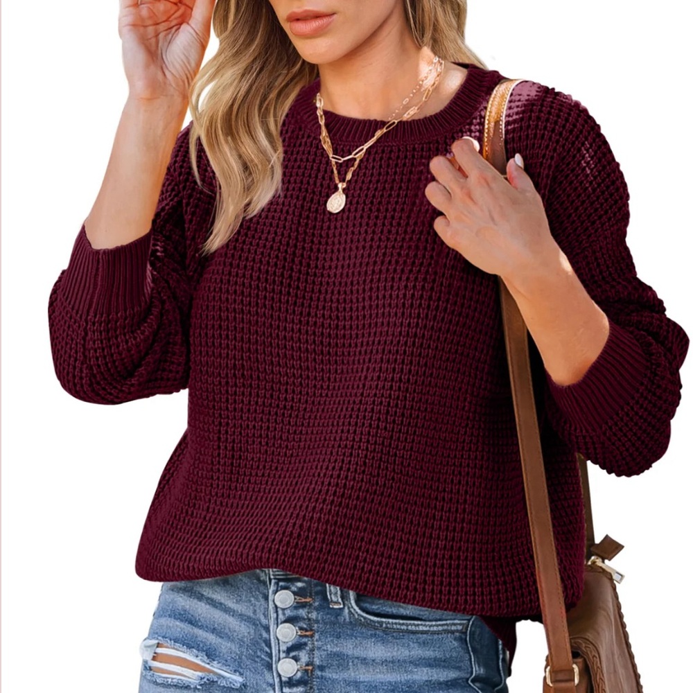 MEROKEETY  WOMENS CREW NECK WAFFLE KNIT PULLOVER TOP WINE Sz MD